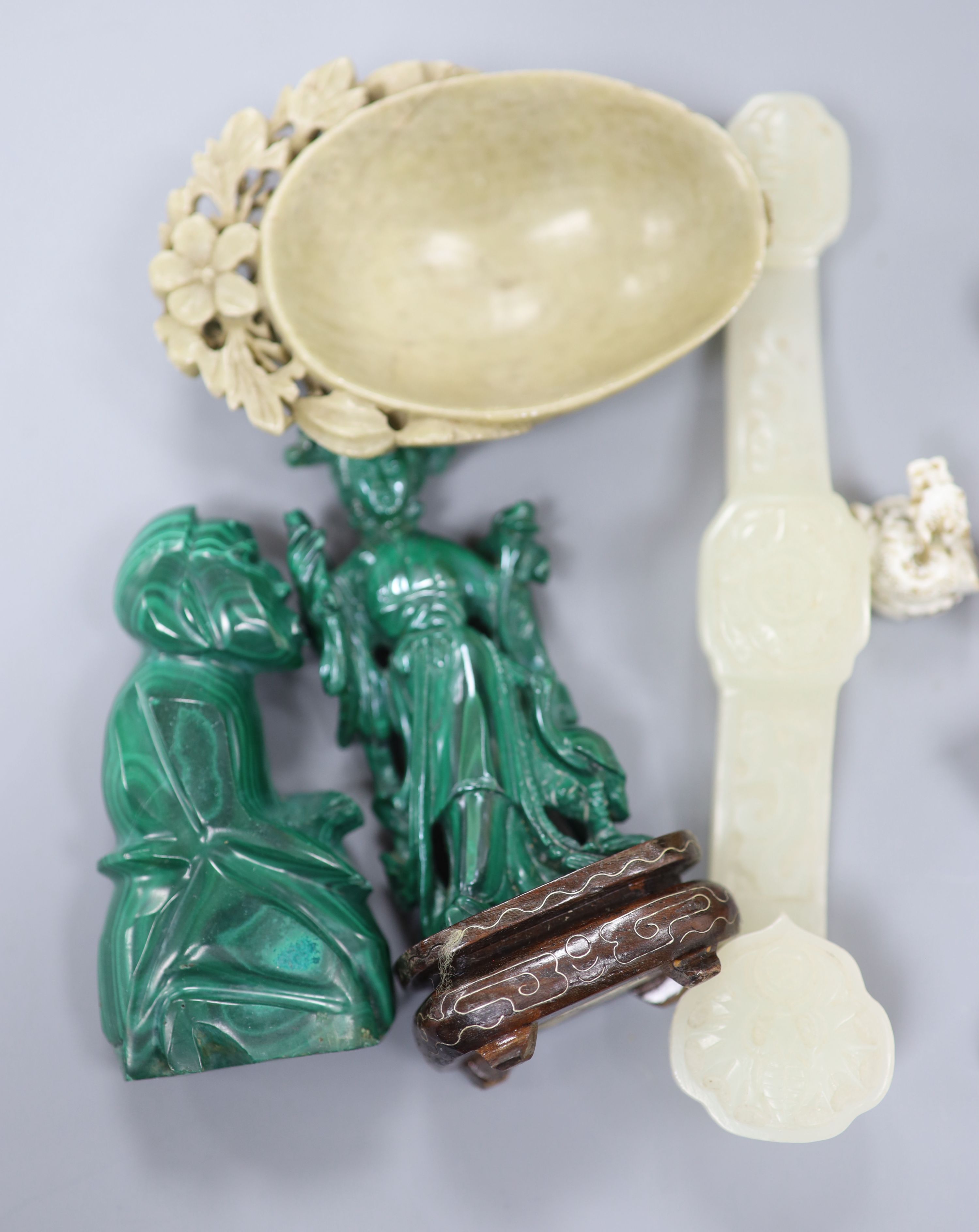 A collection of Chinese hardstone and soapstone figures, a Ruyi sceptre and various carved pendants and bangles etc